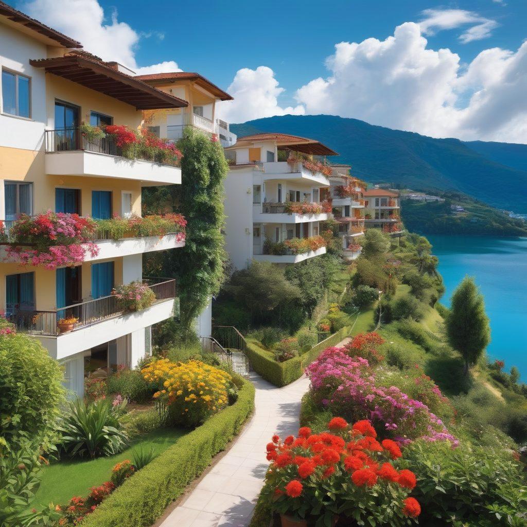 A serene apartment complex surrounded by lush greenery and vibrant flowers, showcasing balconies with plants and scenic views of rolling hills or a peaceful lake. Include cheerful, happy residents enjoying the space, relaxing on terraces, or taking a leisurely stroll. The sky is bright blue with fluffy clouds, adding to the blissful atmosphere. super-realistic. vibrant colors. peaceful ambiance.