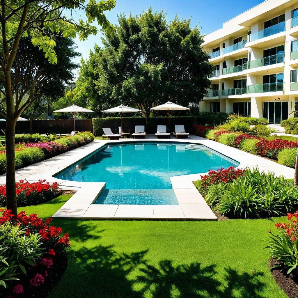 A serene modern residential community with lush green gardens, contemporary architecture, and residents enjoying various amenities like a sparkling pool, fitness center, and children's play area. Soft sunlight illuminates the scene, creating a warm and inviting atmosphere, symbolizing blissful living. Include people engaging in yoga and socializing, surrounded by vibrant trees and flowers. super-realistic. vibrant colors. peaceful ambiance.