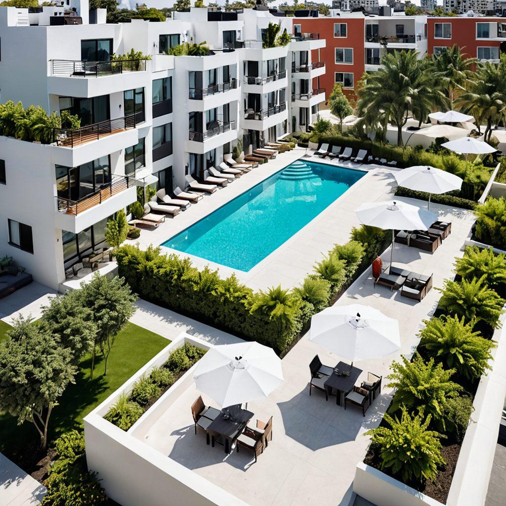 A visually striking split scene depicting two contrasting apartment complexes: one budget-friendly, featuring cozy, small units with cheerful decorations, surrounded by greenery, and a premium complex showcasing sleek, modern architecture with luxurious amenities like a swimming pool and rooftop terrace. Include a diverse group of people exploring each option, showcasing their excitement and contemplation. Bright, inviting colors to evoke warmth and aspiration. super-realistic. vibrant colors. white background.
